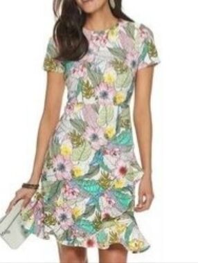 Apt. 9 tropical print fit & flare ruffle dress, small, white